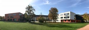 Blick auf die TGS "Montessorischule" mit Grünanlage und Schulhof