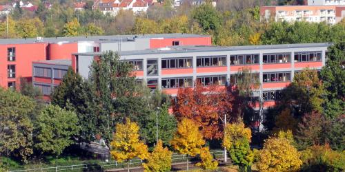 Blick auf die GS "Saaletalschule" mit Straßenbahnschienen und Bäumen