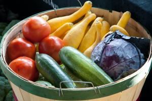 Gemüsekorb mit Tomaten, Zucchini und Rotkohl